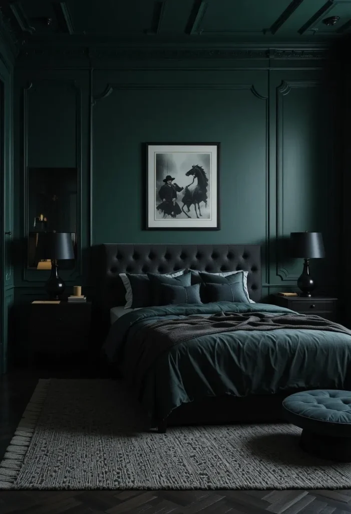 Dark green bedroom with black accents creating a bold and moody modern look
