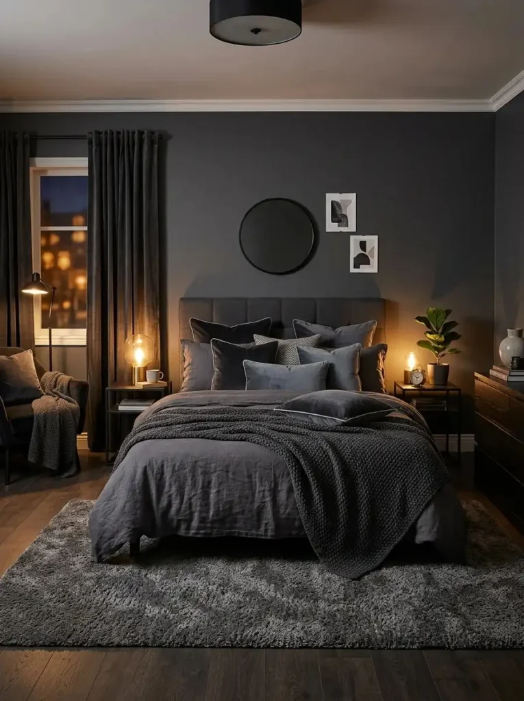Layered textures in a dark gray bedroom adding warmth and depth
