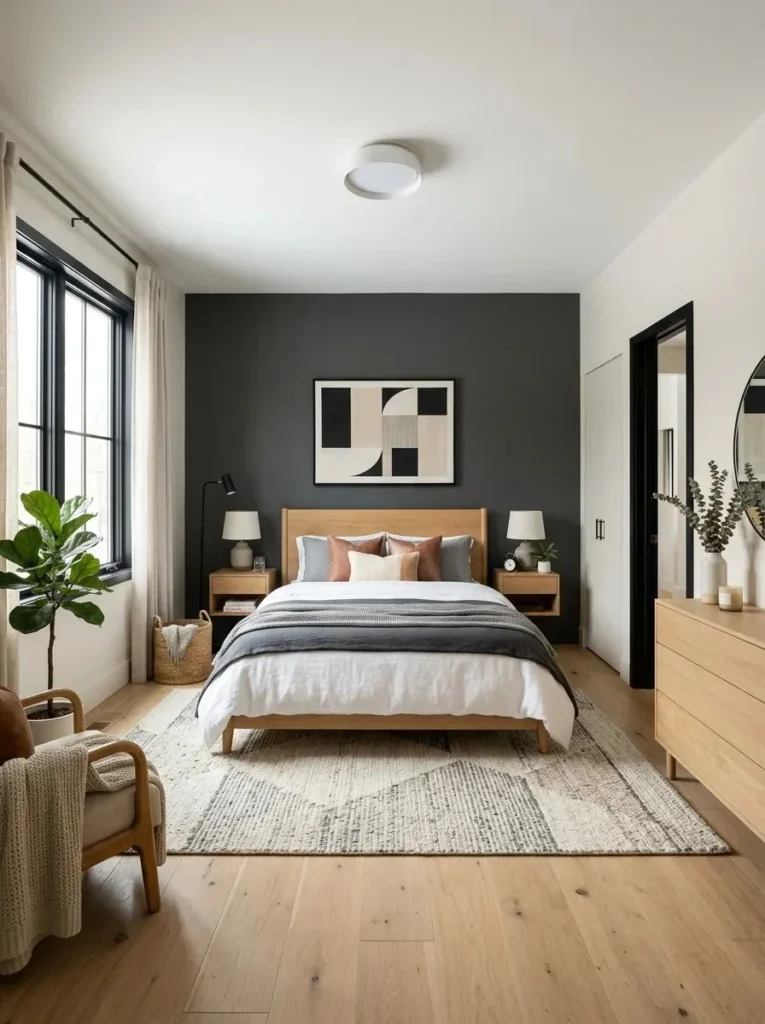 Dark gray accent wall behind bed creating a stylish bedroom focal point