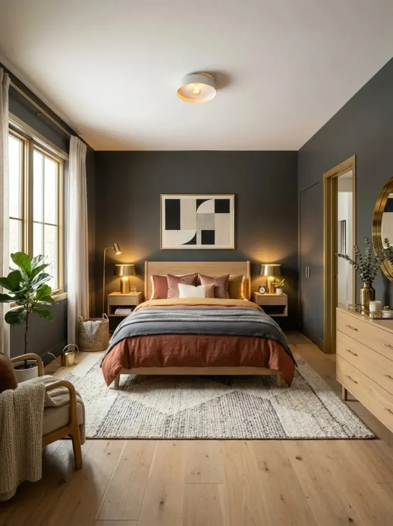 Gold accents adding luxury to a dark gray bedroom design