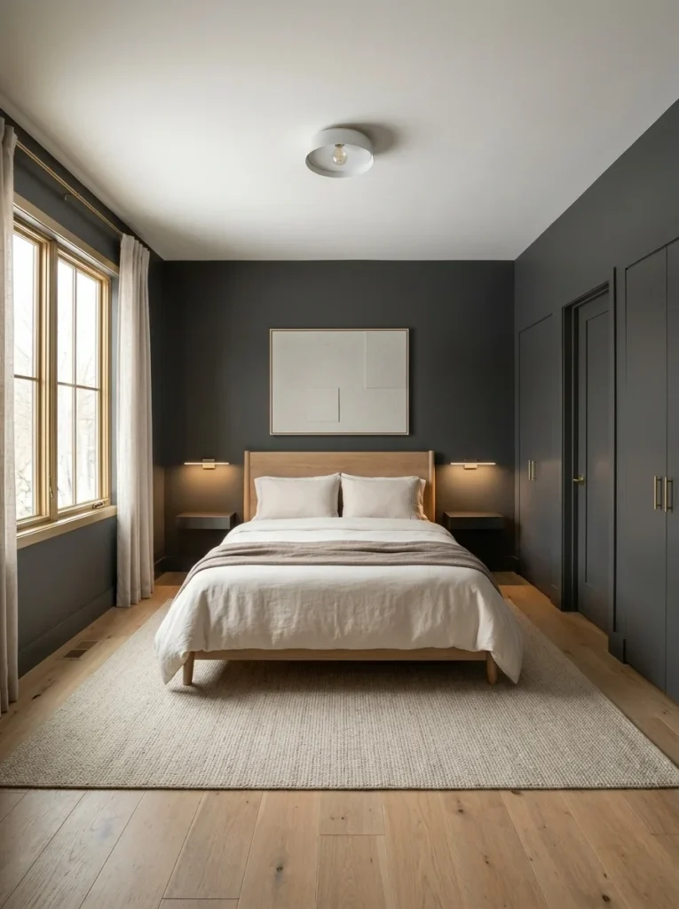 Minimal dark gray bedroom with clean lines and modern design