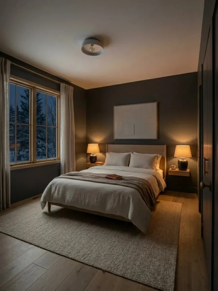 Soft lighting creating a cozy atmosphere in a dark gray bedroom