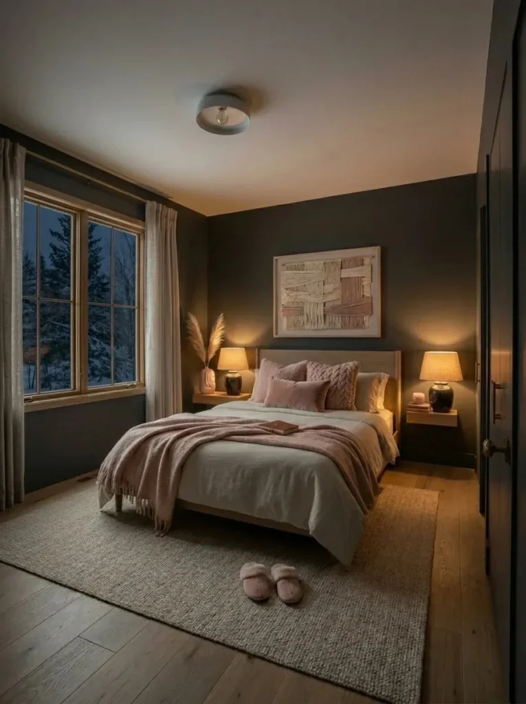 Dark gray bedroom with soft pink accents adding warmth and balance