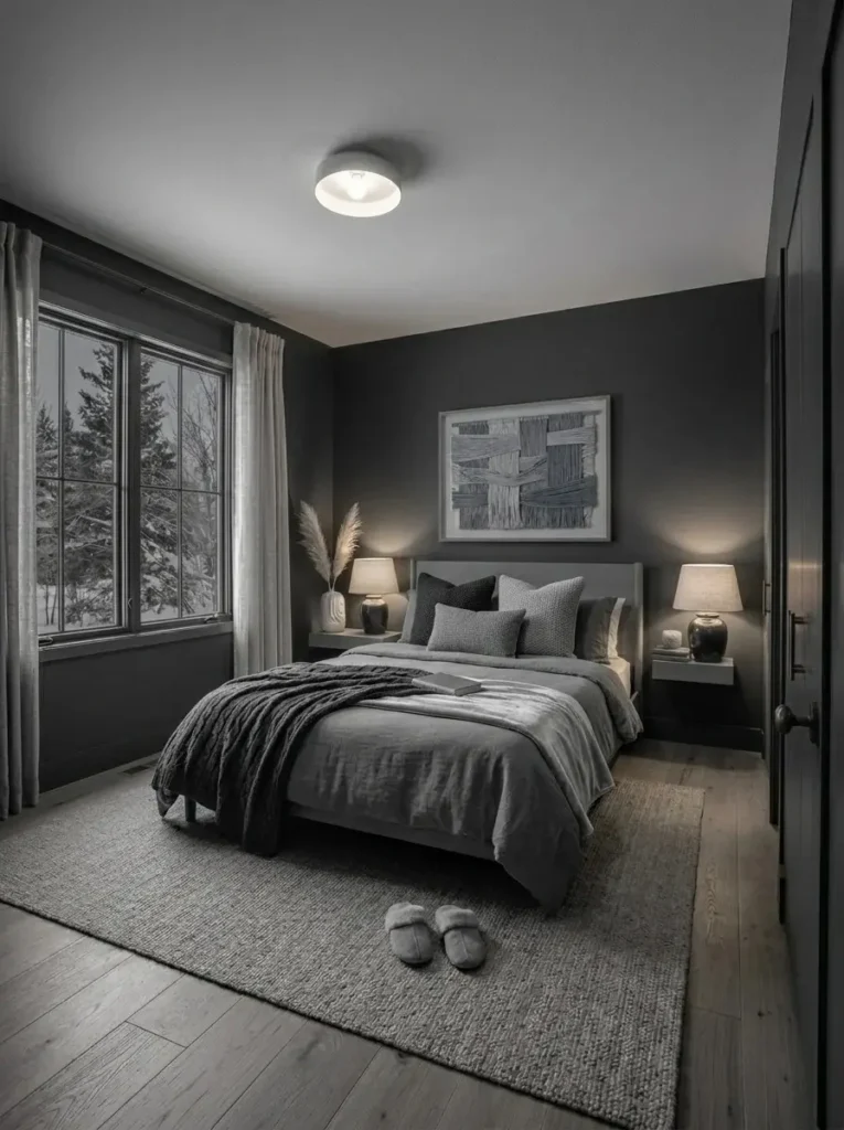Monochrome dark gray bedroom with layered shades for a cohesive look
