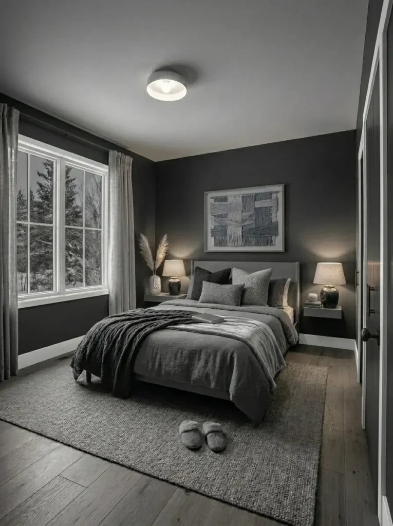 Dark gray bedroom with white trim creating a sharp and polished contrast