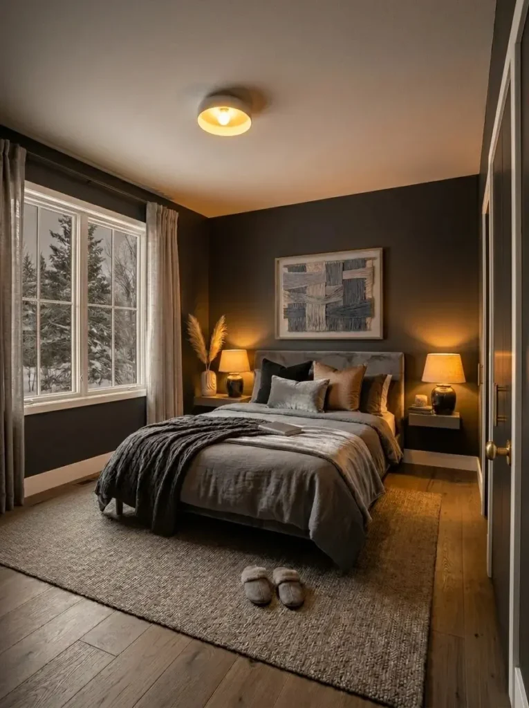 Velvet upholstery adding richness to a dark gray bedroom