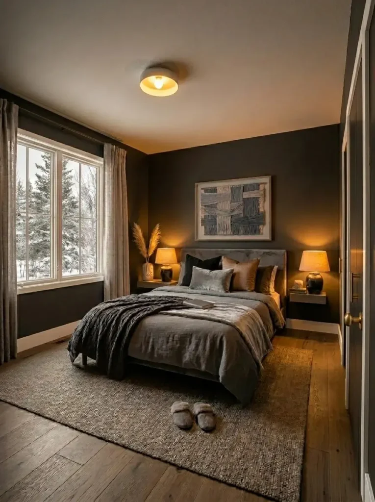 Statement artwork standing out against dark gray bedroom walls