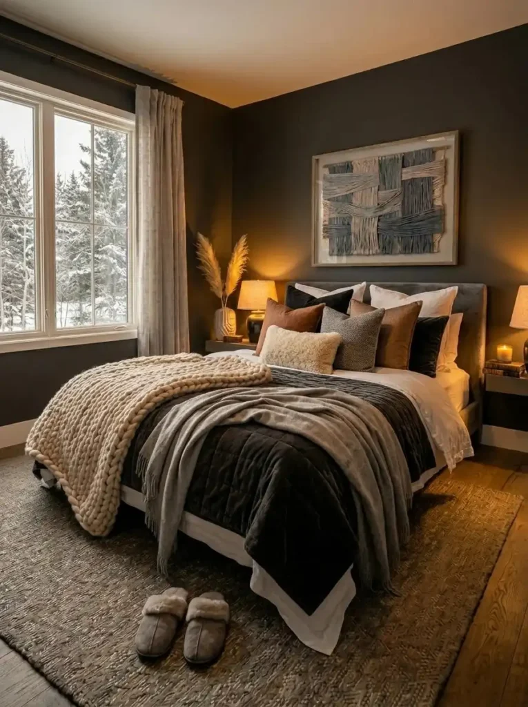 Layered bedding creating a cozy dark gray bedroom atmosphere
