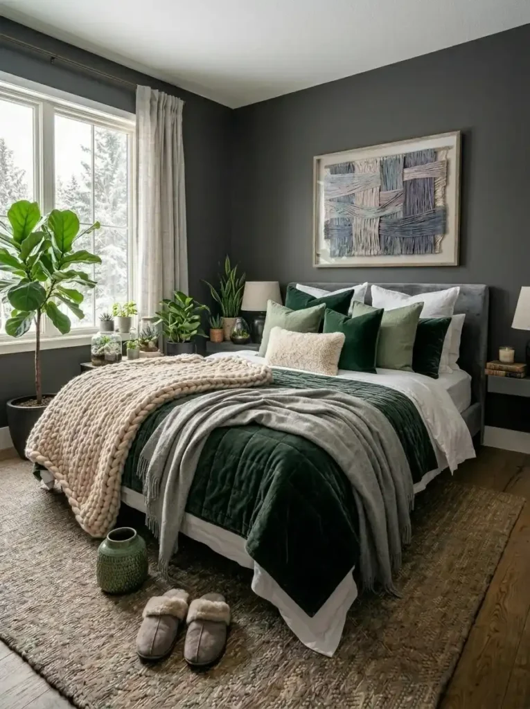Indoor plants adding fresh contrast to a dark gray bedroom