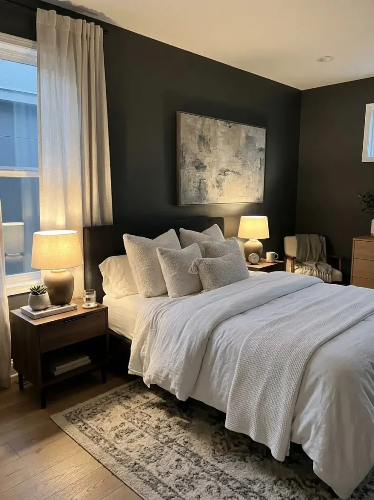 Dark gray walls paired with soft white bedding creating a cozy and elegant bedroom look