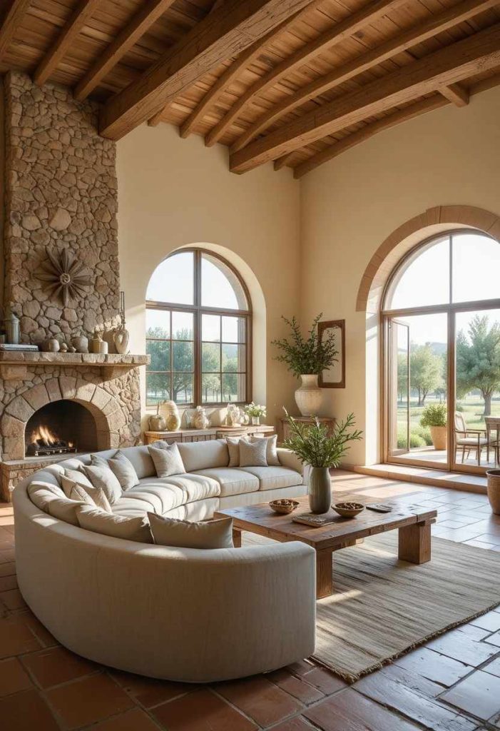 Modern Tuscan style living room with lime-washed walls, linen sofa, wood beams, terracotta tile flooring, and an arched window overlooking an olive grove.