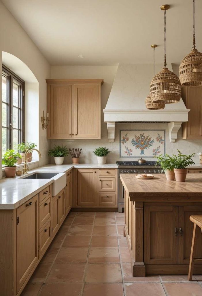 Modern Tuscan kitchen with cream plaster walls, travertine countertops, white oak cabinets, hand-painted tile backsplash, reclaimed wood island, and terracotta floors.