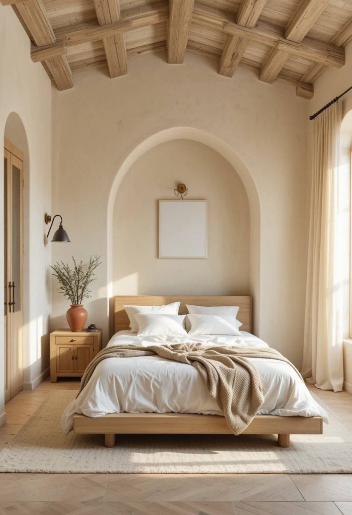 Modern Tuscan bedroom with arched headboard niche, linen-dressed bed, wood beams, iron pendant light, and olive branches in a terracotta vase.