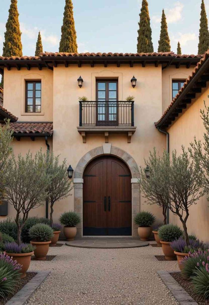 Exterior of a modern Tuscan home with cream stucco walls, terracotta tile roof, arched wooden door, iron balconies, olive trees, and a gravel pathway at golden hour.