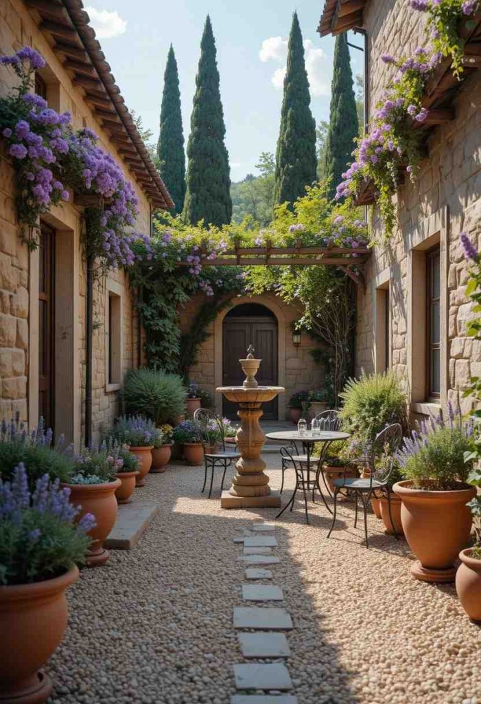 Tuscan courtyard garden with gravel pathway, terracotta pots of lavender, stone walls, a vine-covered pergola, iron bistro set, and cypress trees in the background.