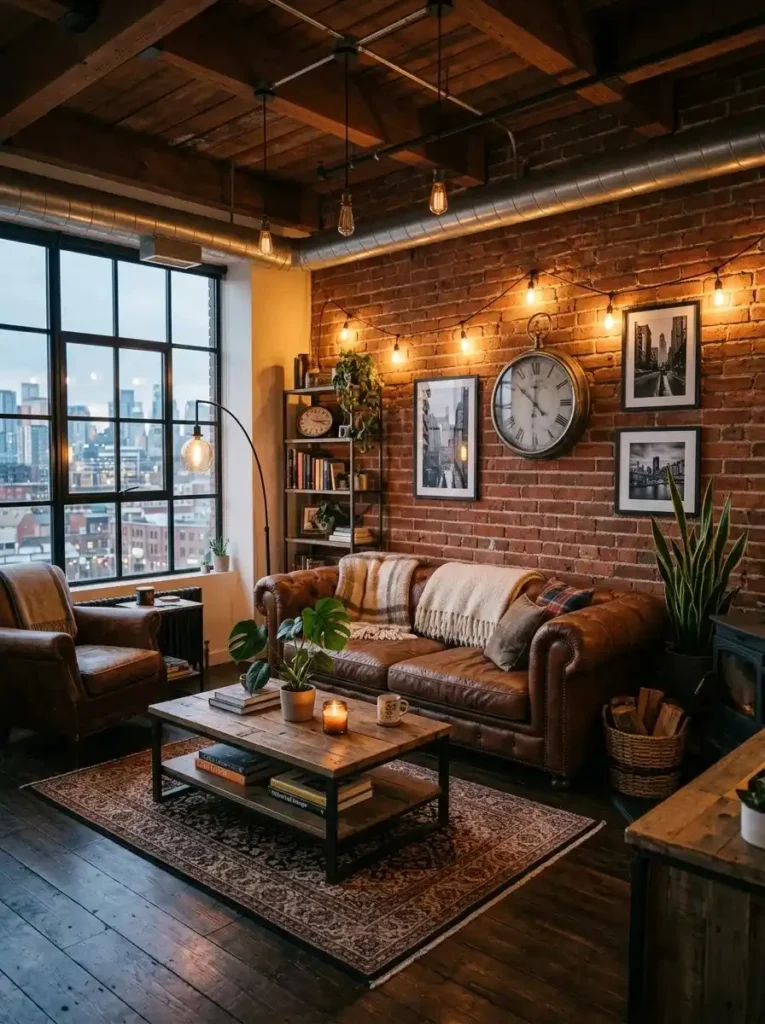 Brick accent wall in living room adding industrial charm and textured warmth.