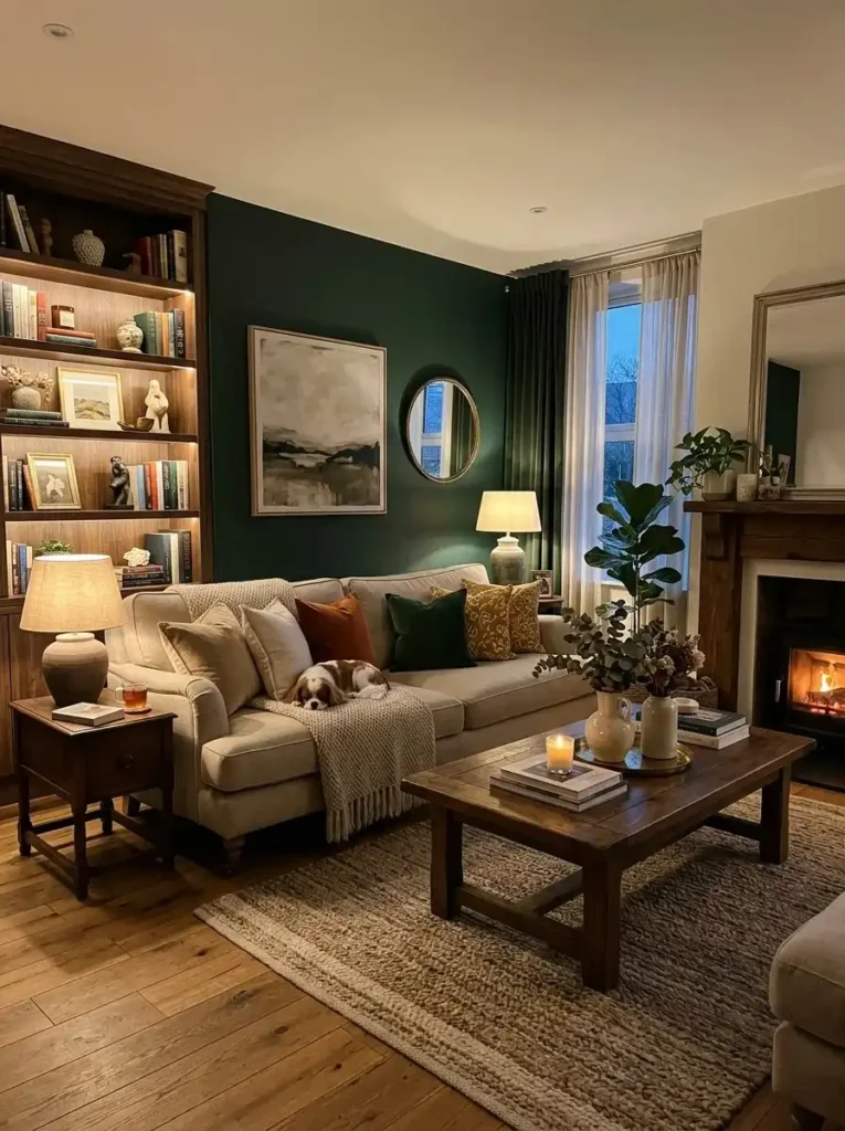 Dark green accent wall in living room creating warm cozy and luxurious atmosphere.