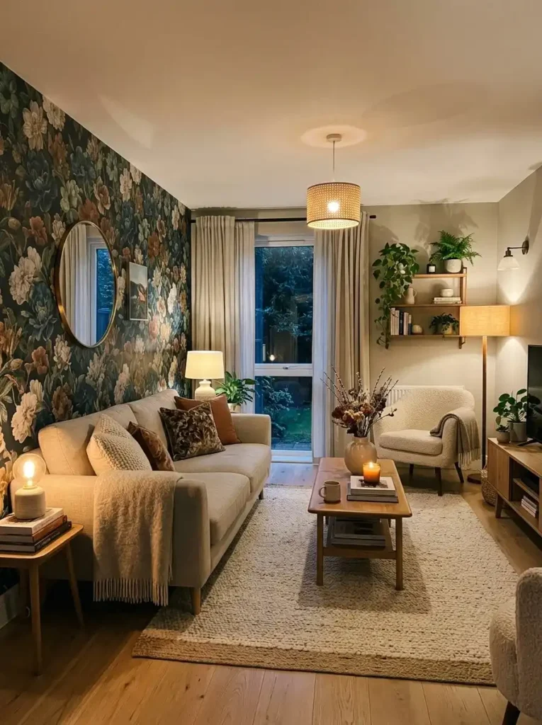 Wallpaper accent wall in living room with soft pattern adding style and personality.