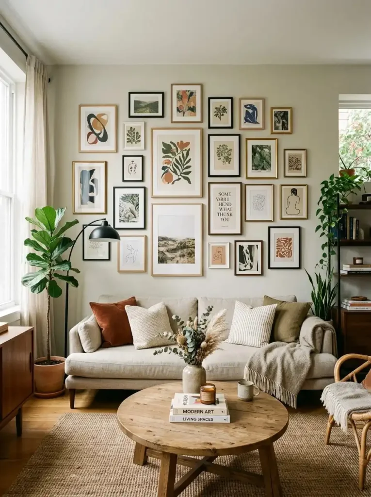 Gallery wall in living room with framed artwork creating personal and stylish focal point.