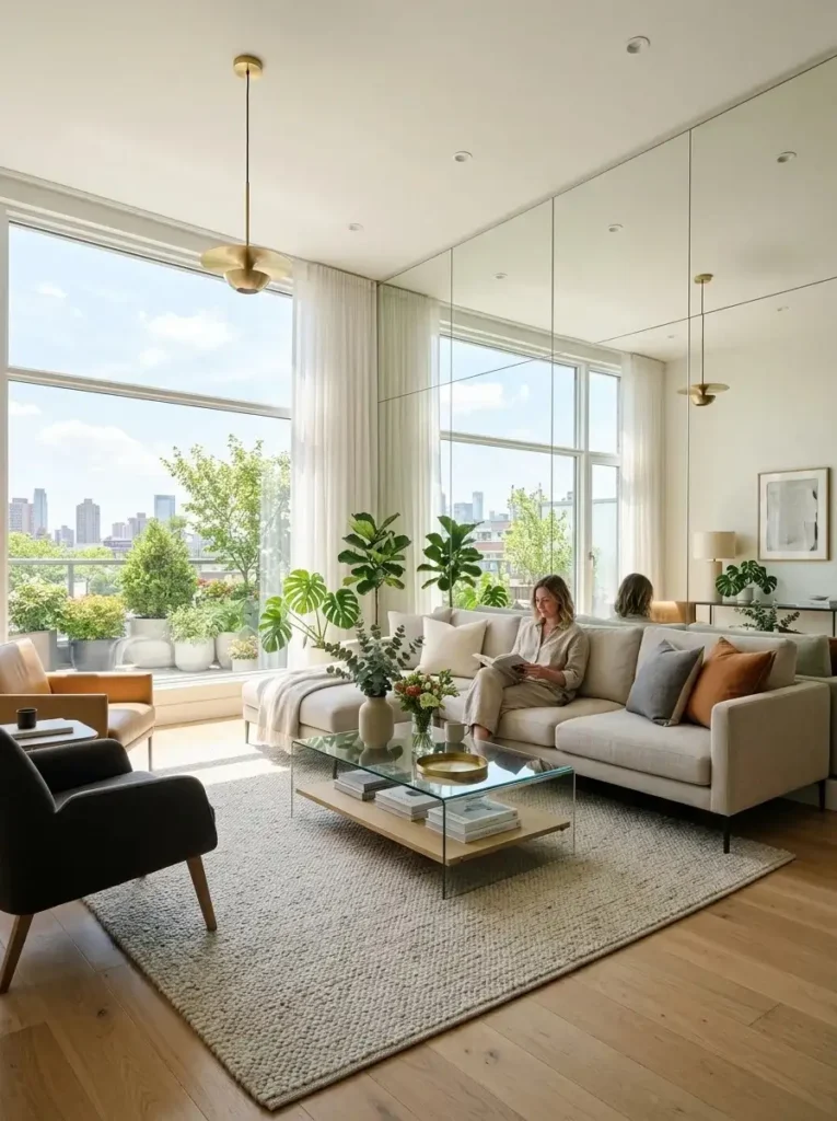 Mirror accent wall in living room reflecting light and making space feel larger.