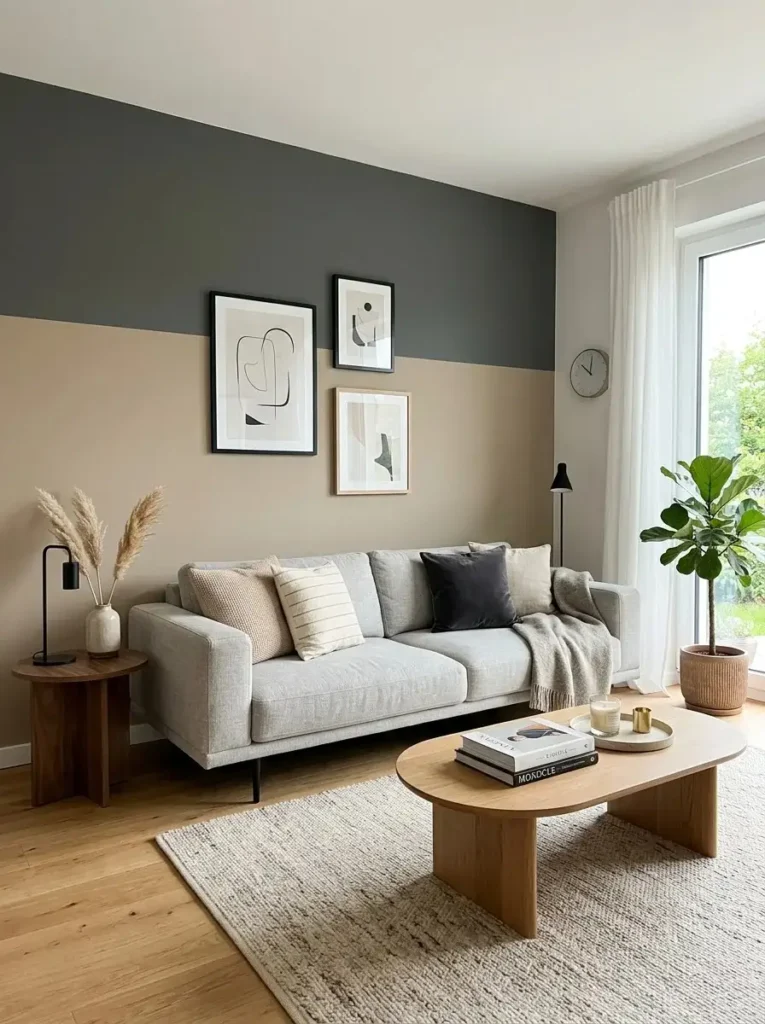 Two-tone accent wall in living room with modern color division and balanced design.