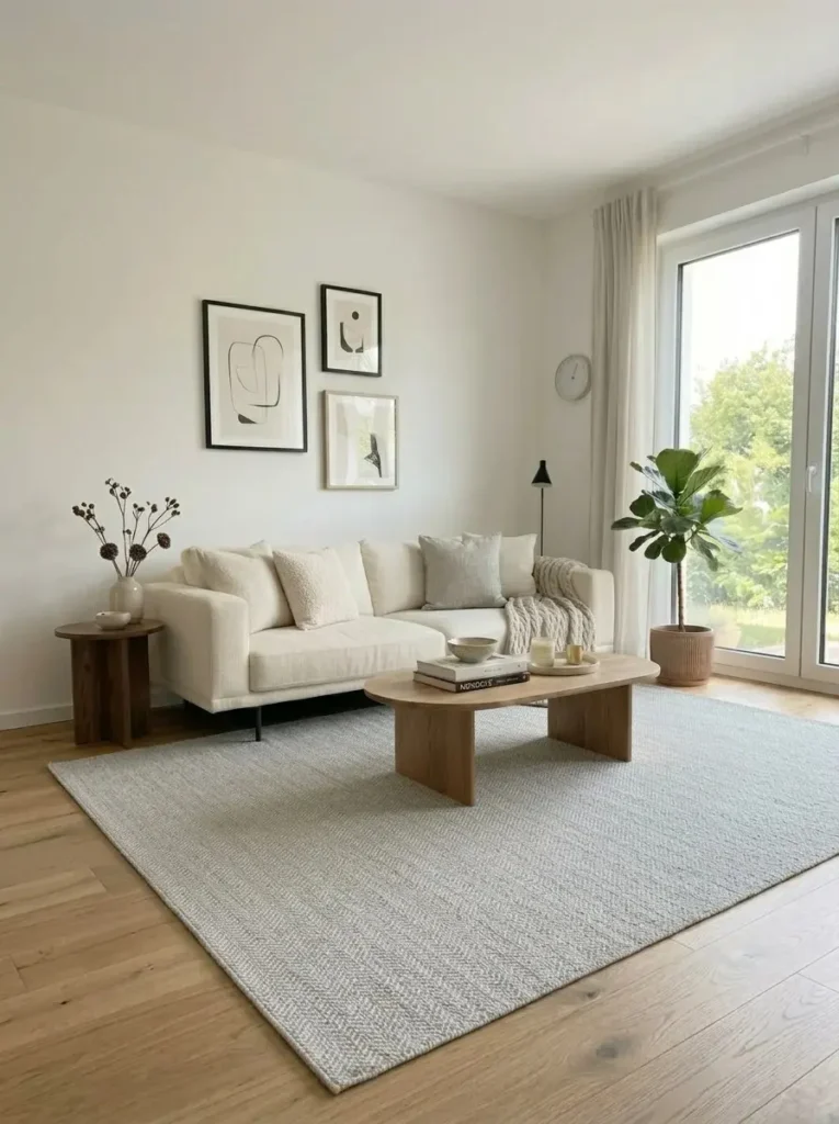 Large neutral area rug anchoring a cozy living room with soft beige tones and modern furniture