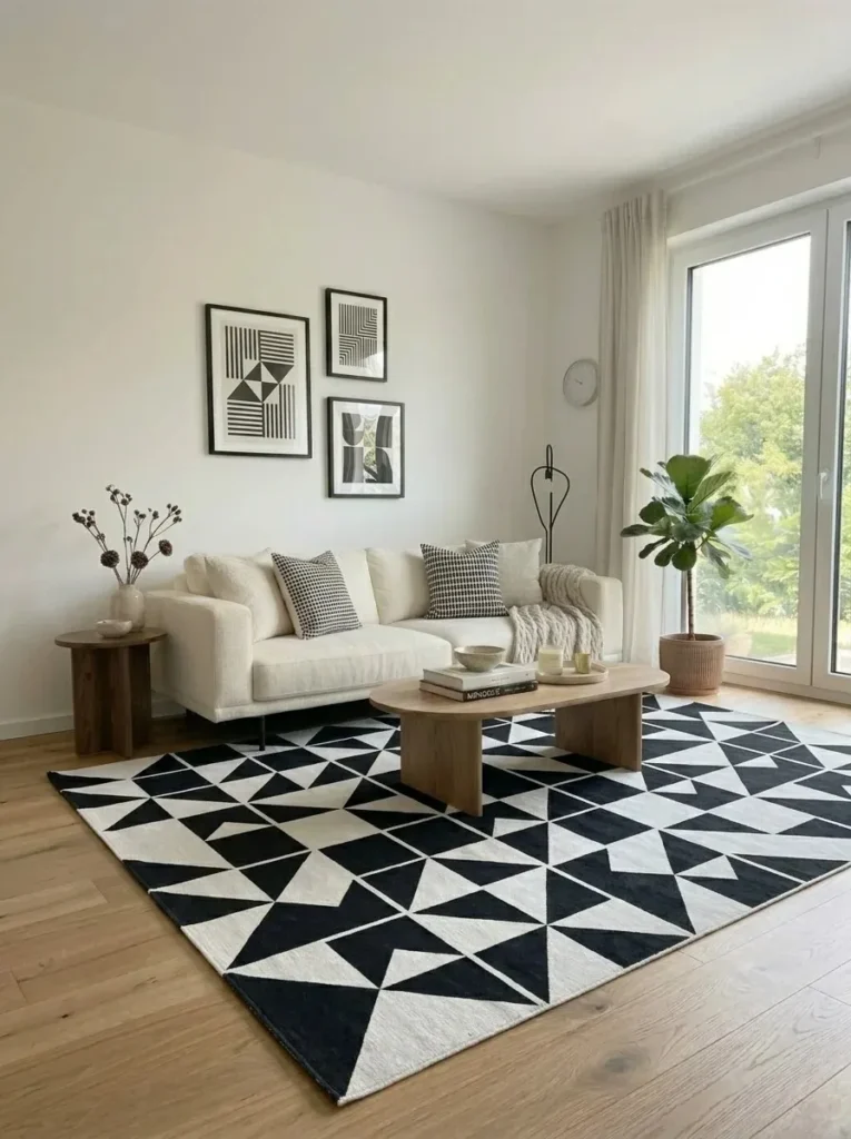 Bold patterned rug creating a statement focal point in a modern living room