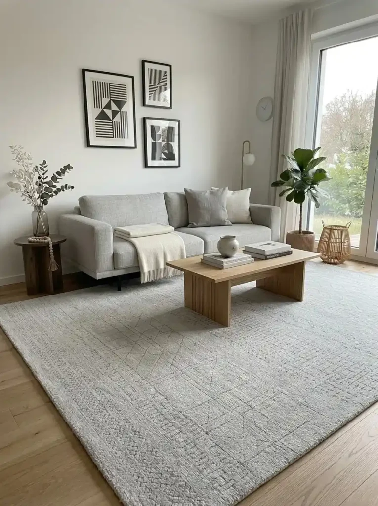 Minimalist rug with subtle pattern in a clean and modern living room