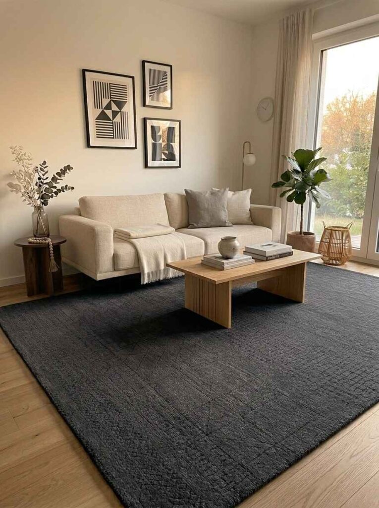 Dark area rug adding contrast and depth to a bright living room