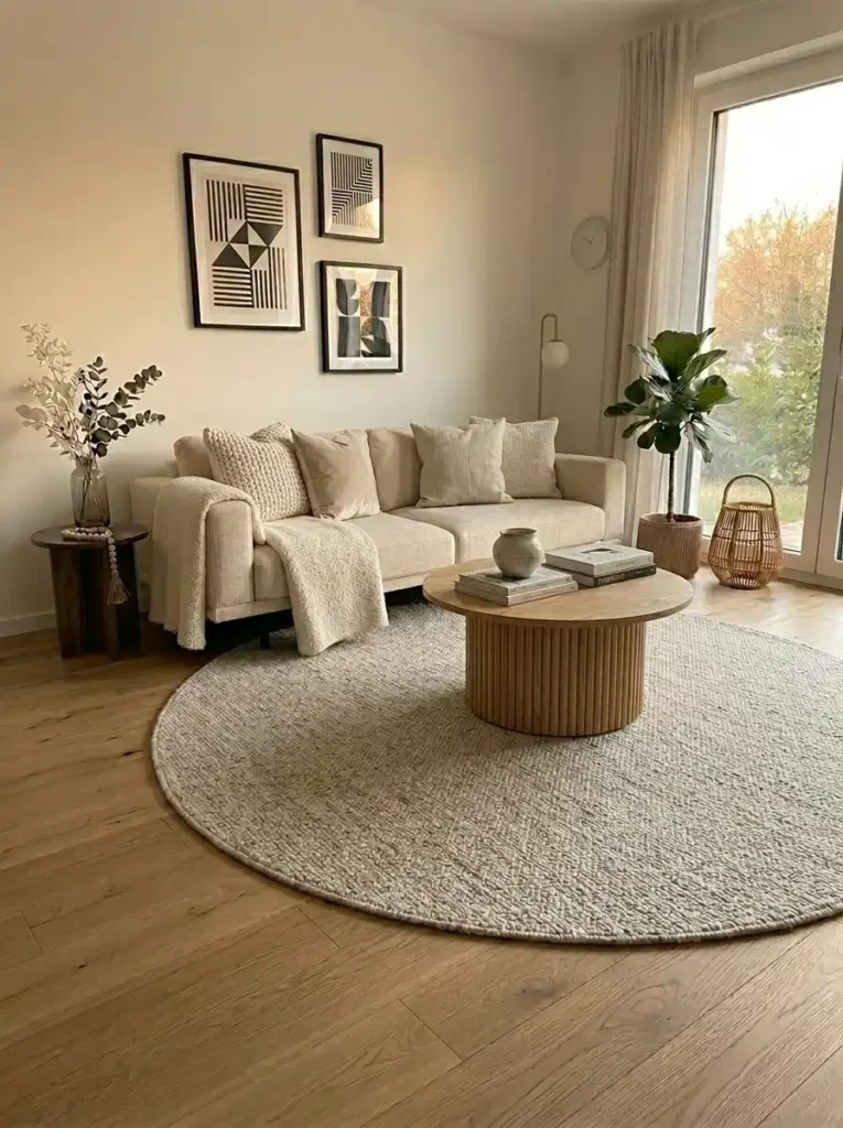 Round rug creating a unique and stylish layout in a small living room