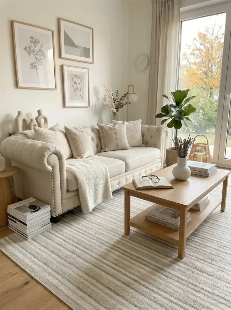 Striped rug adding visual movement and style to a modern living room