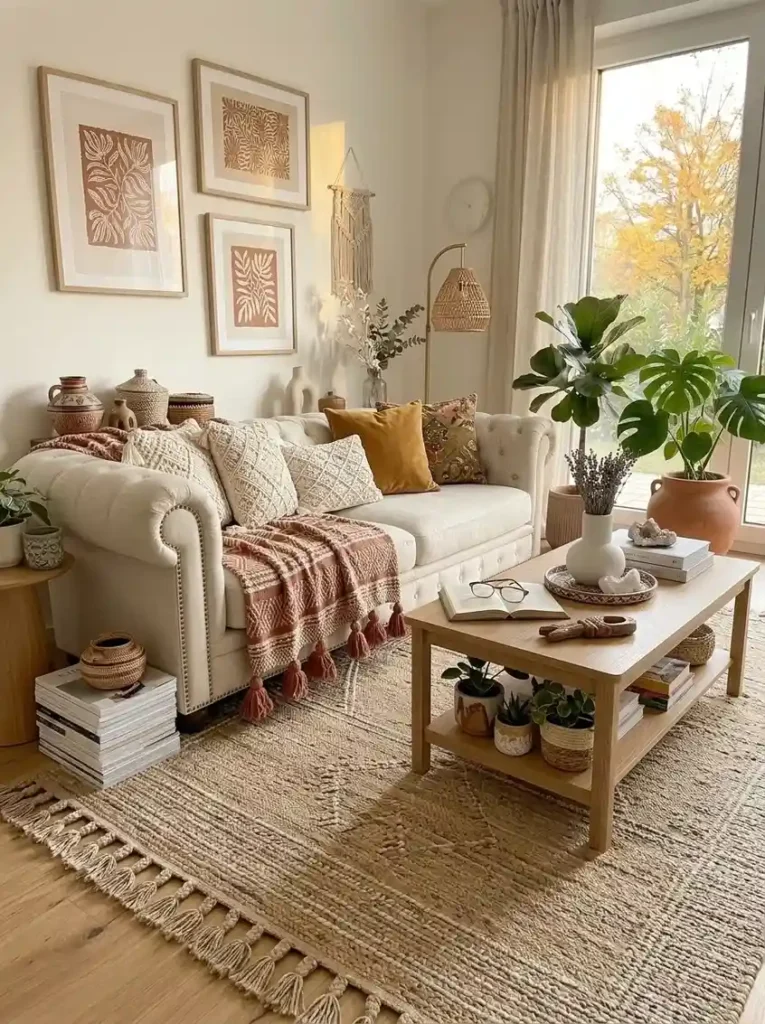 Boho rug with tassels creating a warm and relaxed living room atmosphere