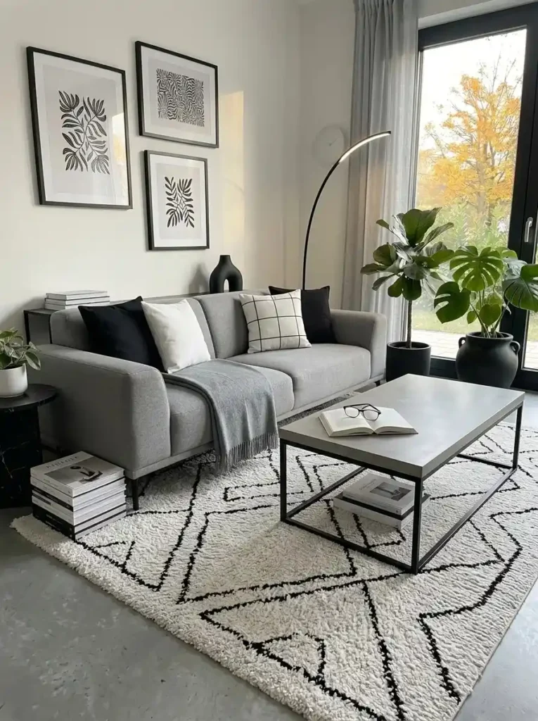 Monochrome rug creating a sleek and modern living room design