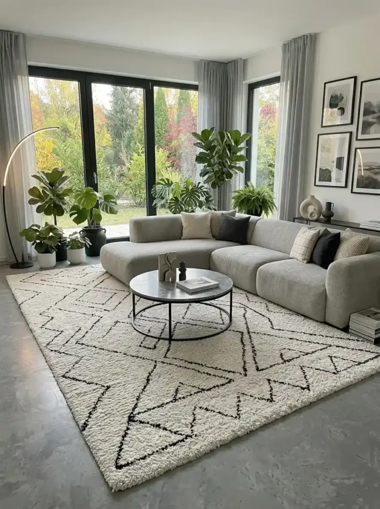 Oversized rug making a living room feel luxurious and complete