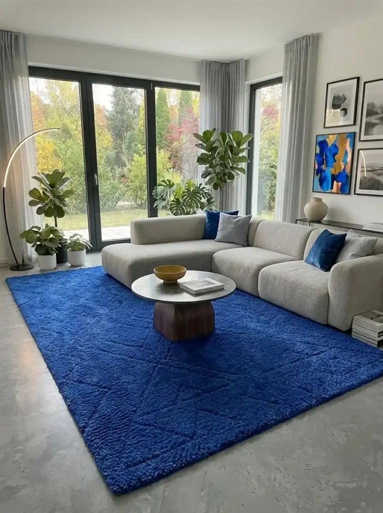 Colorful rug adding energy and personality to a neutral living room