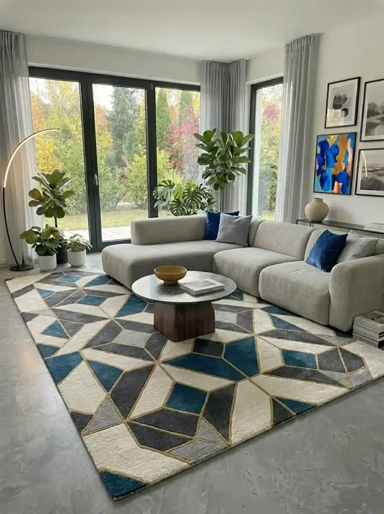 Geometric rug adding modern style and structure to a living room