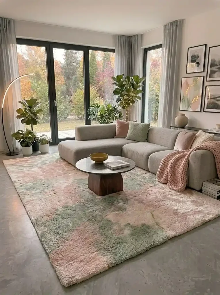 Soft pastel rug creating a calm and relaxing living room atmosphere