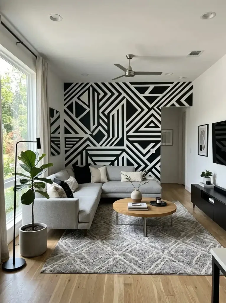 Black and white contrast accent wall in modern living room with clean bold design.