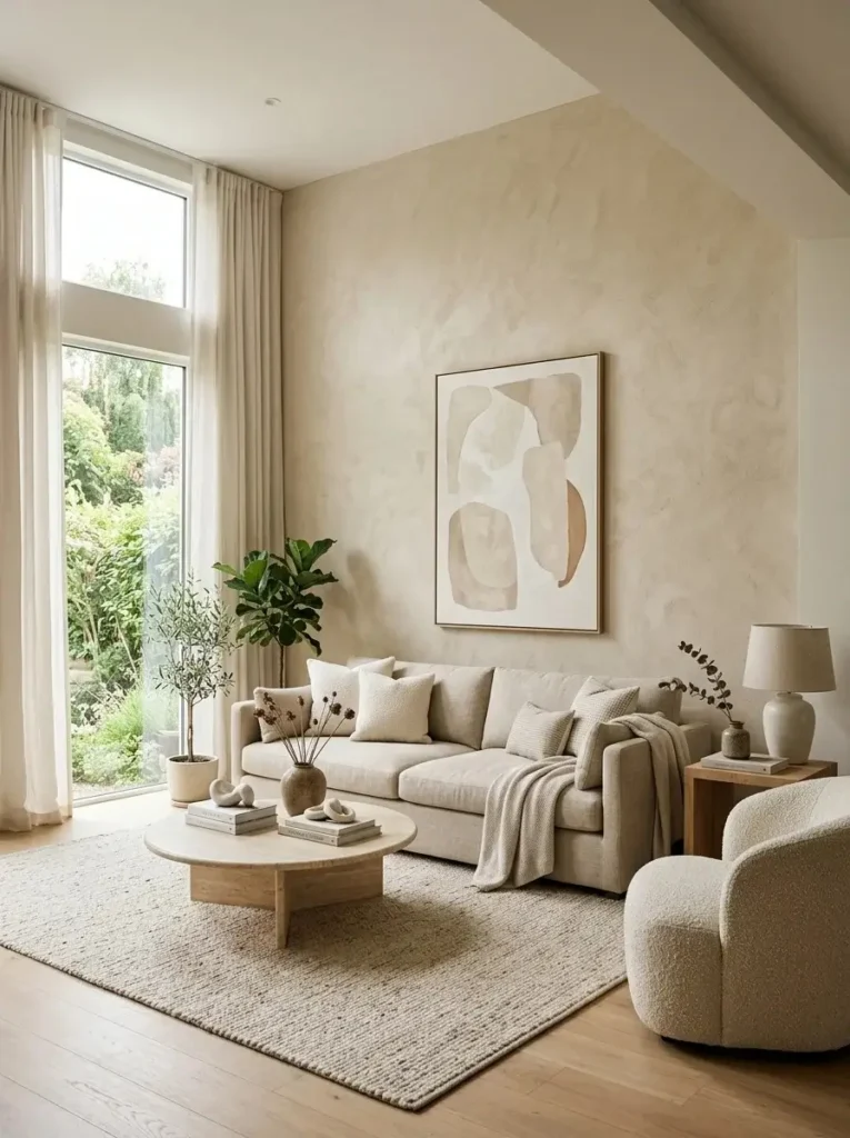 Soft beige textured accent wall in living room with neutral decor and calm elegant atmosphere.
