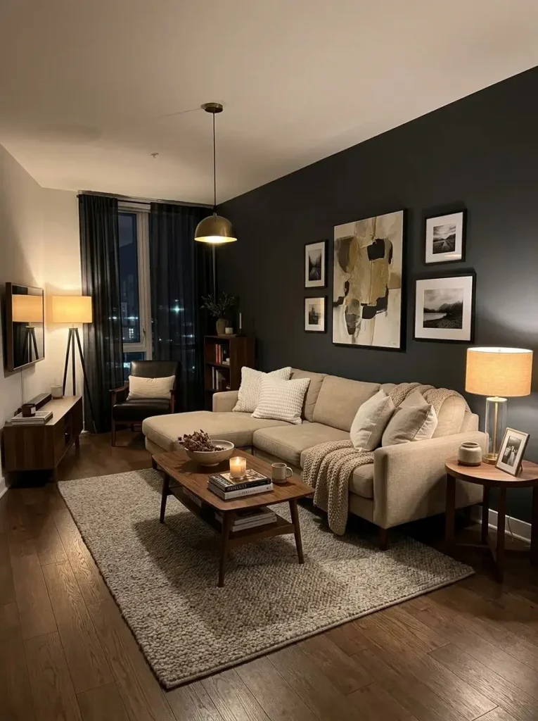 Deep charcoal accent wall in modern living room with beige sofa and warm lighting creating cozy dramatic look.