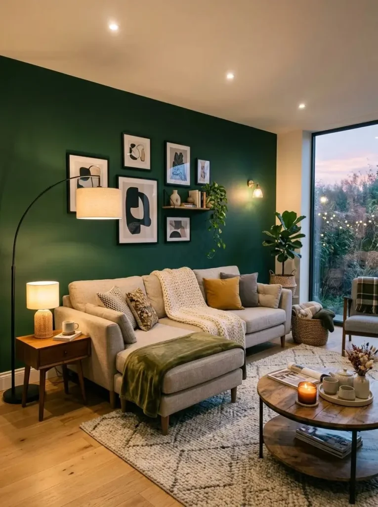Bold green accent wall in living room creating stylish focal point with neutral furniture.