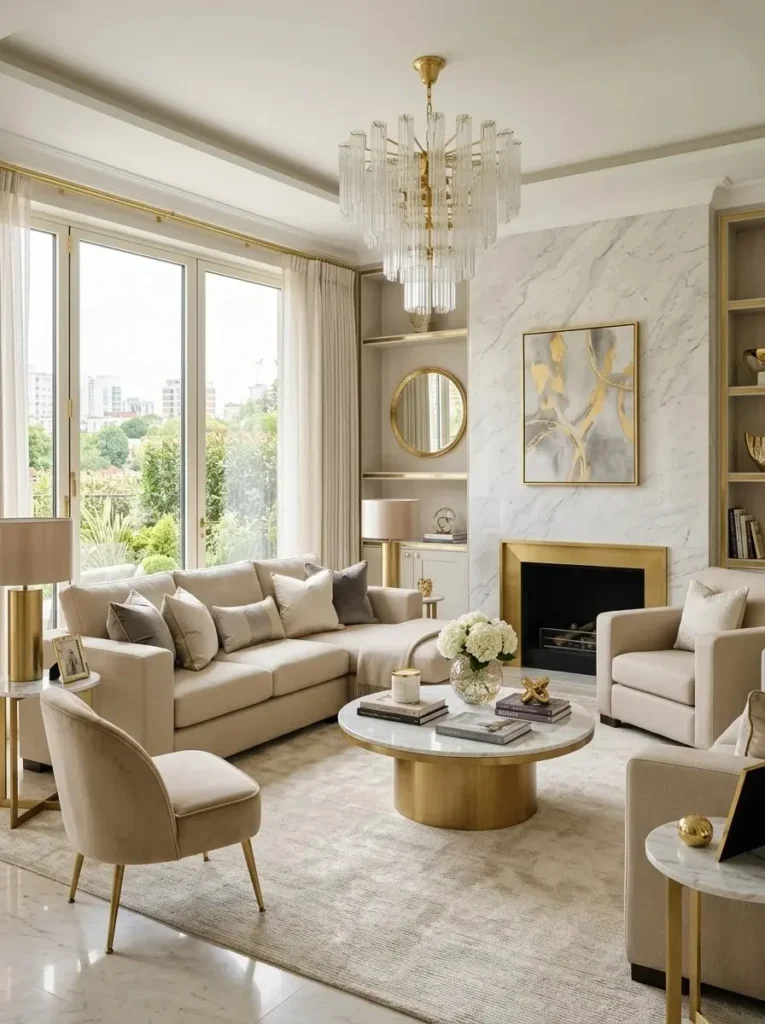Marble-effect accent wall in luxury living room adding elegant and high-end style.