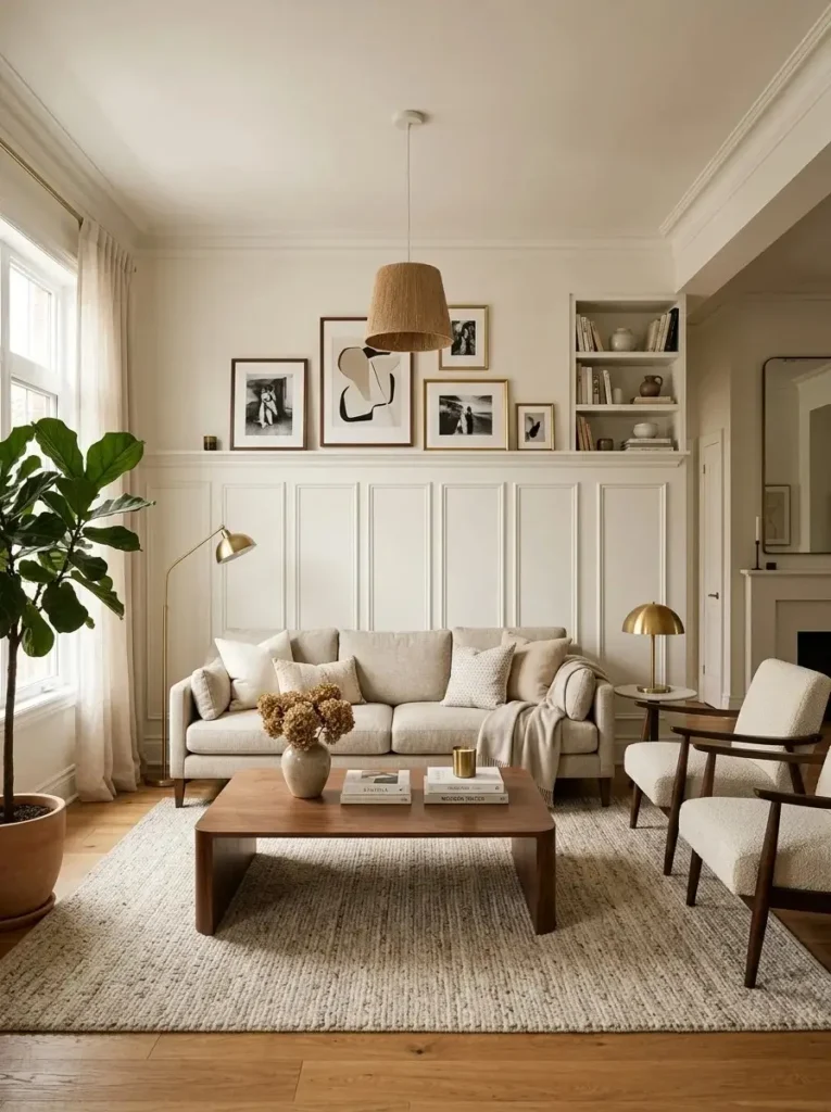 Panel molding accent wall in living room adding subtle elegance and clean structure.
