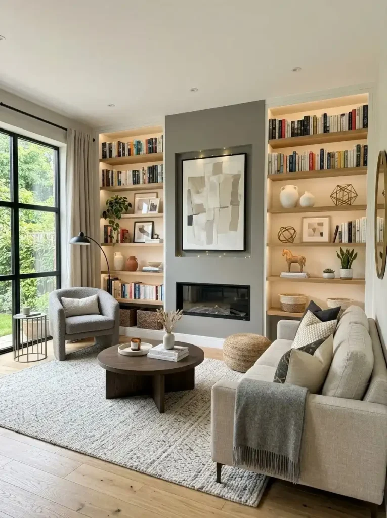 Accent wall with built-in shelves in living room creating stylish and functional design.