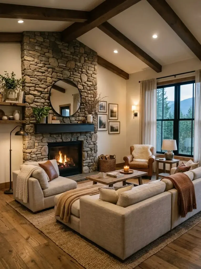 Stone accent wall in living room adding natural texture and cozy rustic feel.