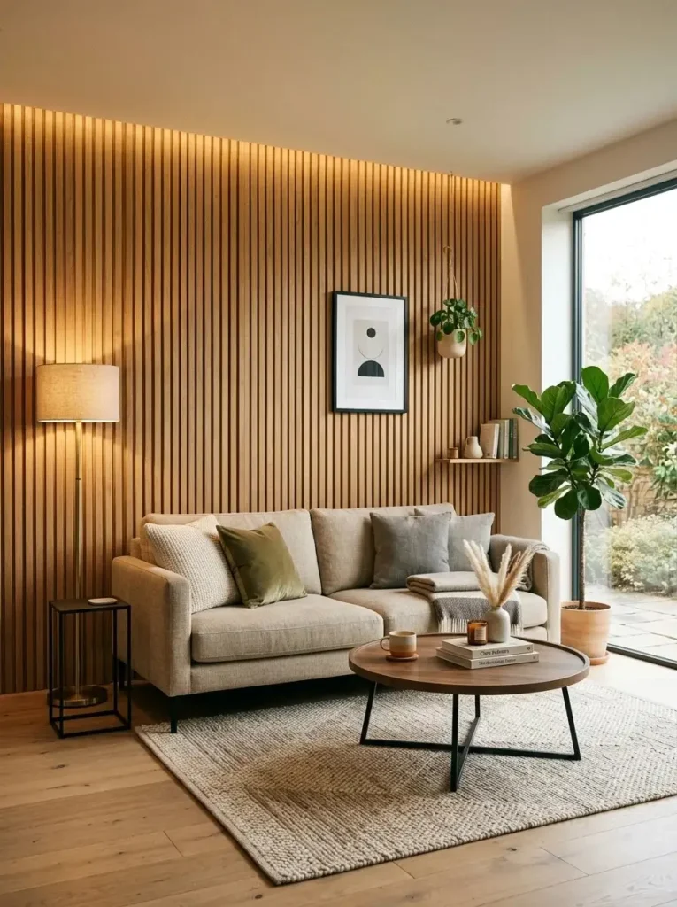 Wooden slat accent wall in living room adding warmth and modern texture.