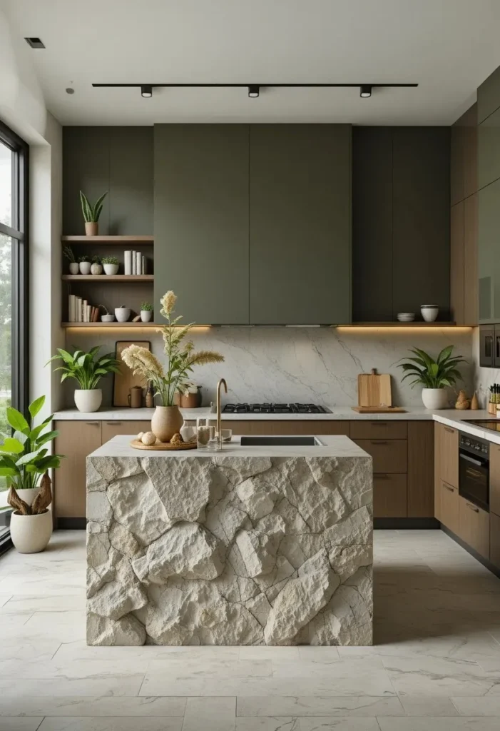 Green kitchen with natural stone island and earthy decor