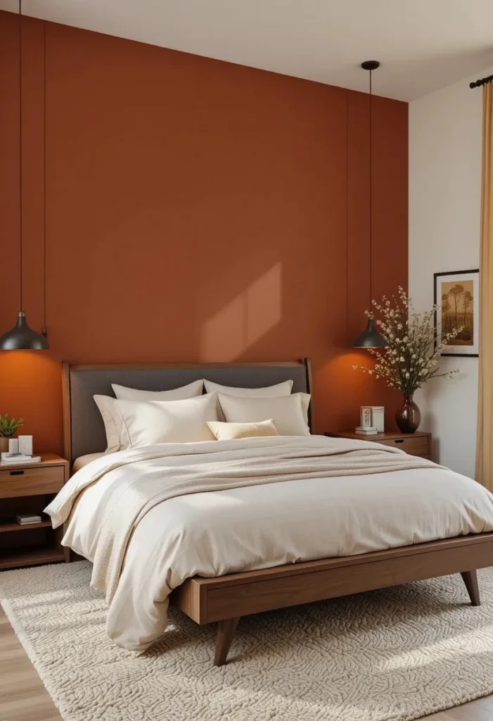 Bedroom with burnt orange accent wall, beige bedding, and warm wood furniture.