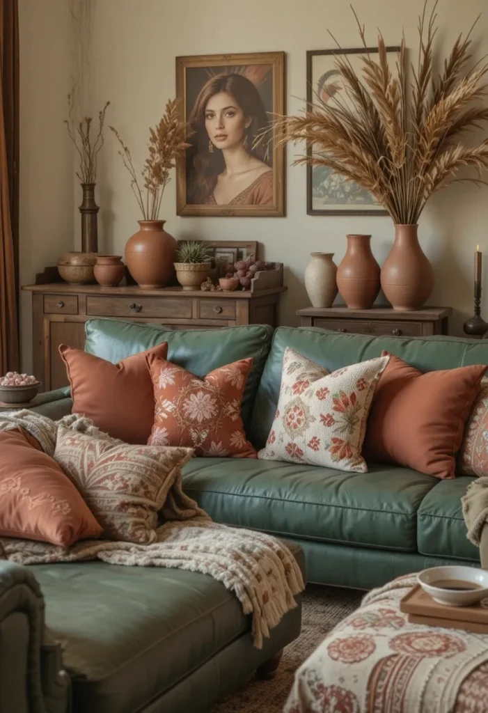 Green leather couch styled with terracotta accents
