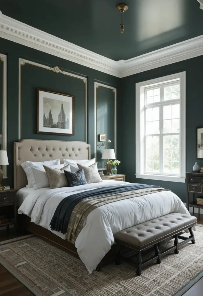 Dark green bedroom with crisp white details creating a clean and balanced contrast